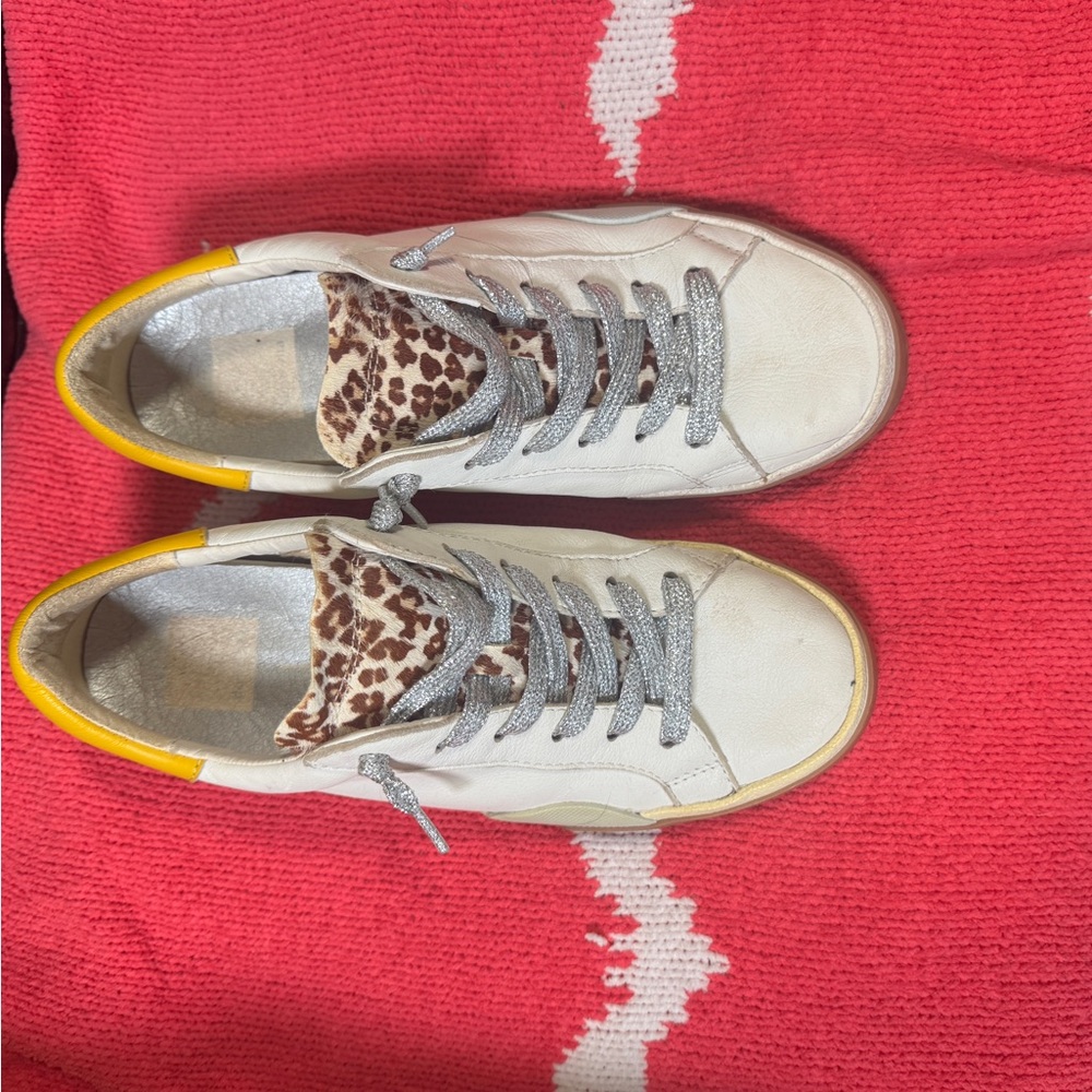 Women’s White Leather Sneakers with Yellow Heel and Leopard Accent